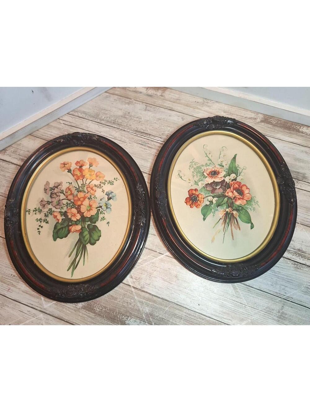 Pair of VTG  J.L. Prevost Floral Designer Wooden Oval Framed Prints 10.5"X.12.5"